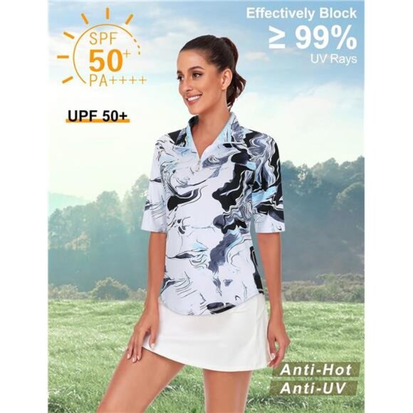 Womens Golf Shirt Quick Dry Half Sleeve Quarter Zip Polo Workout Tops Tennis - Picture 4 of 6